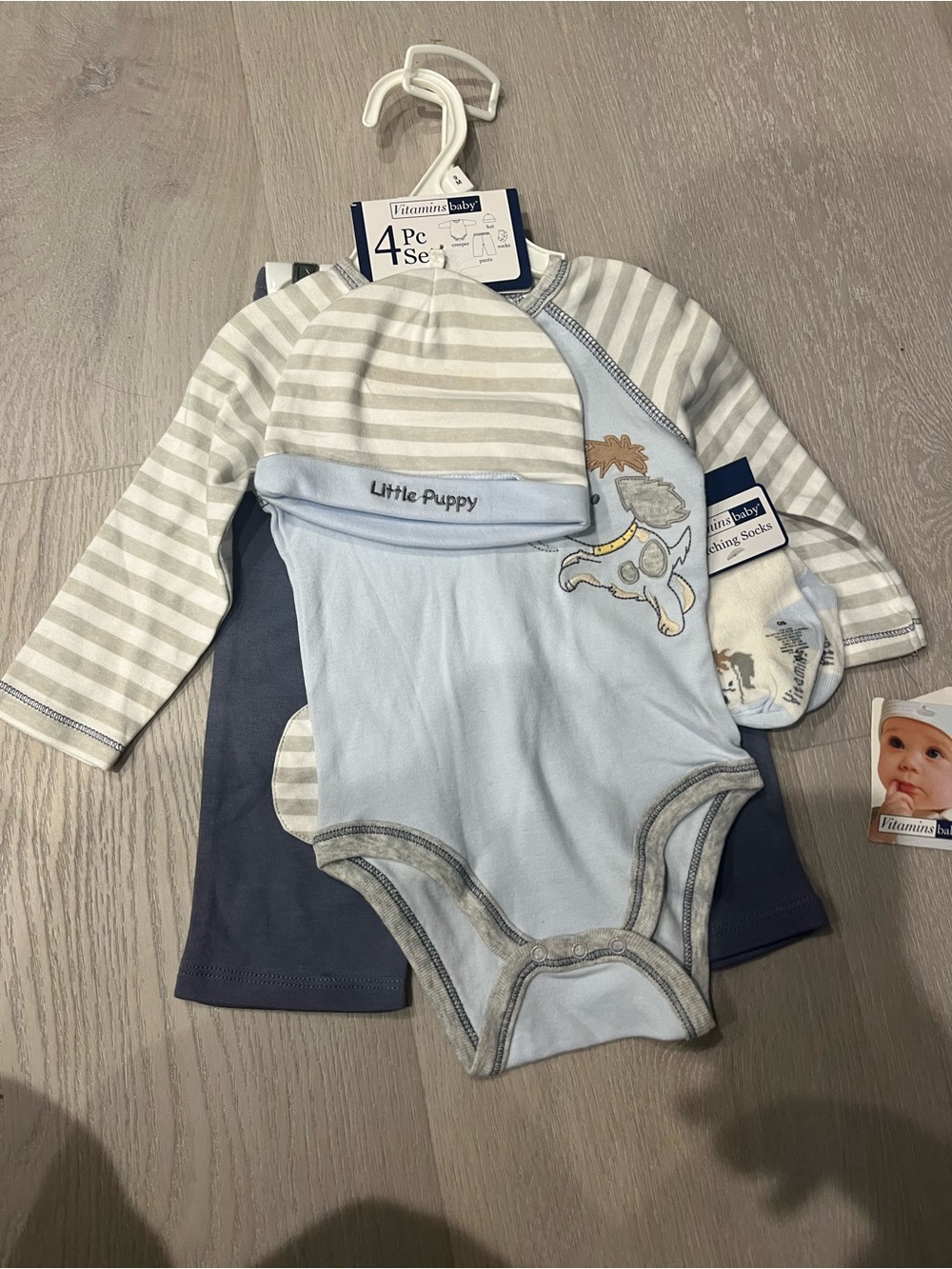 Vitamins Baby Light Blue, Navy & Gray Puppy 4-Piece Bodysuit Set